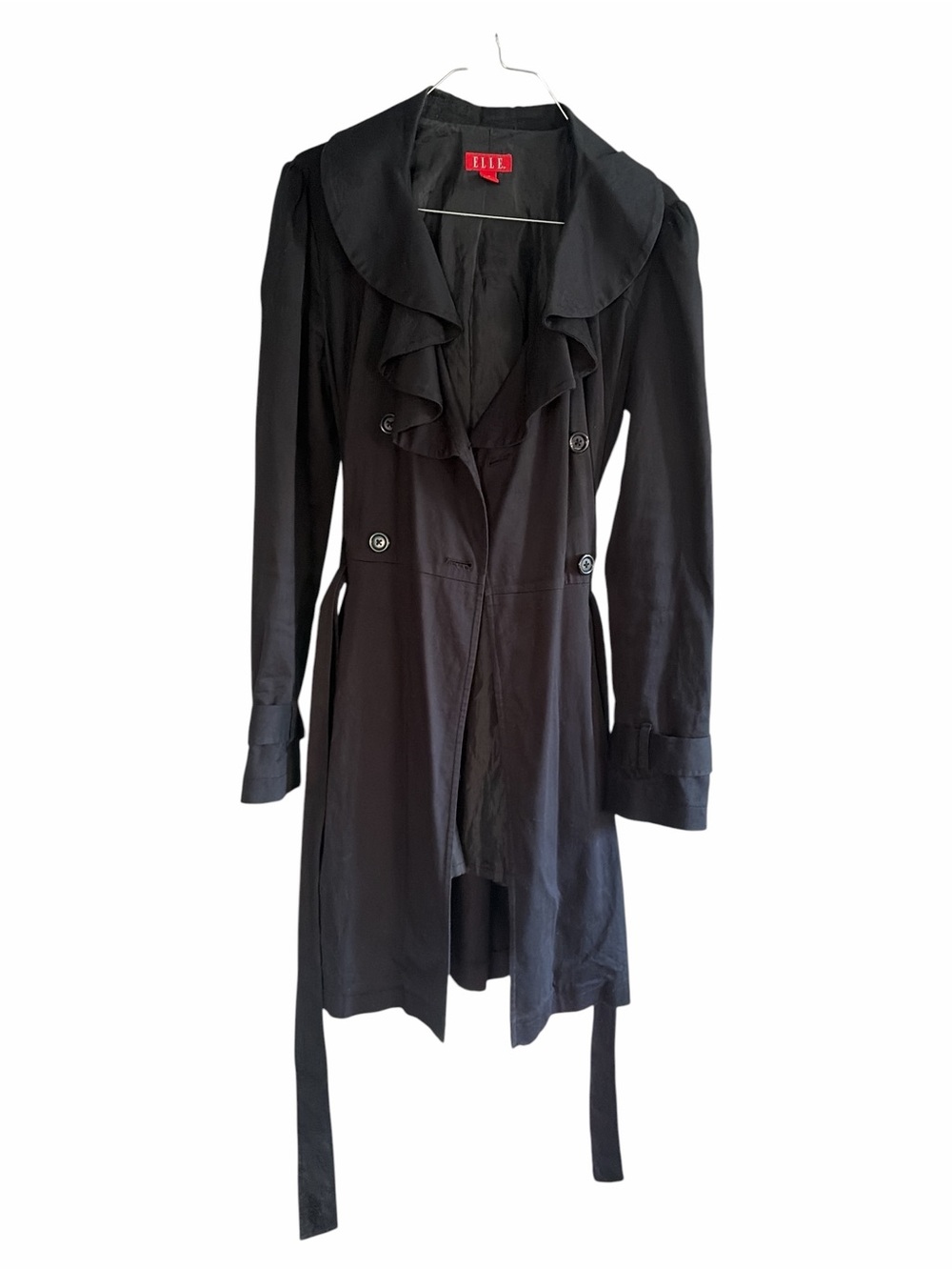 Elle Black Ruffle-Trim Double-Breasted Trench Coat